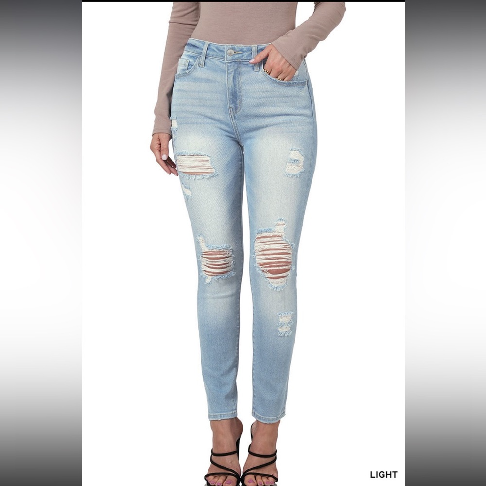 Distressed Skinny Light Wash Denim Pants by Zenana